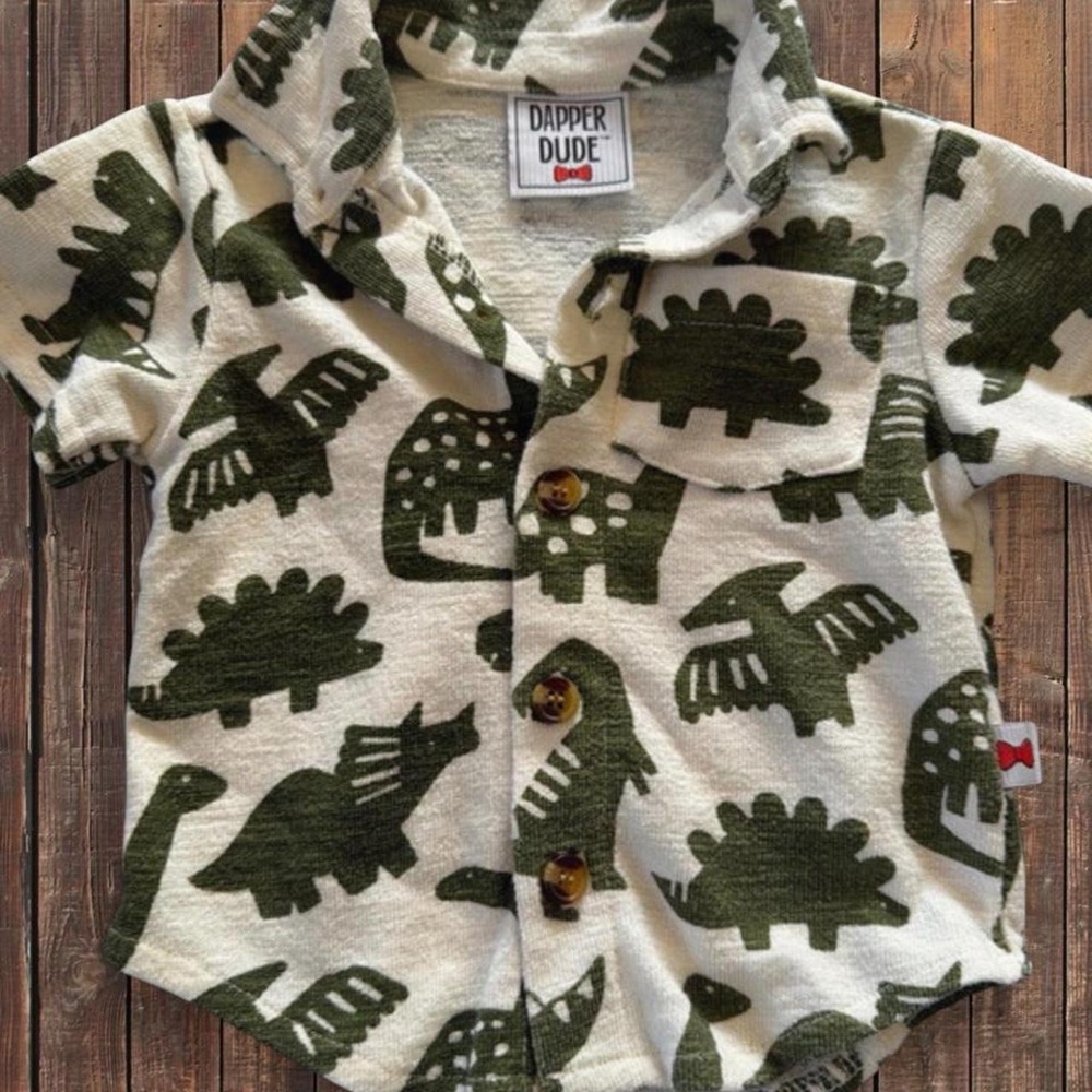 Dapper Dude Green Dinosaur Print Short Sleeve Button Down Shirt 0-3 Months